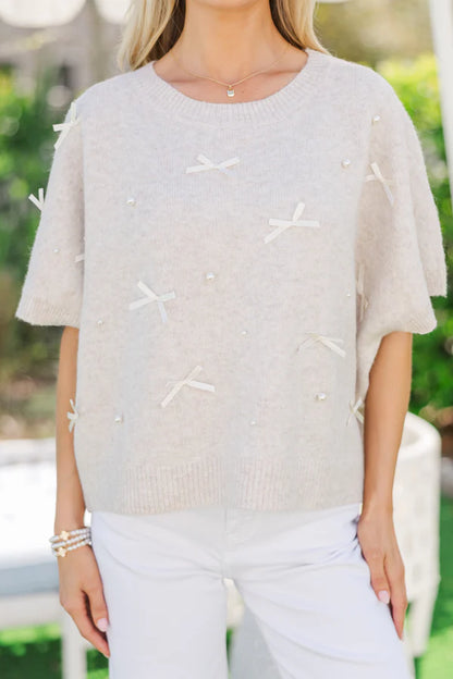 No One Else Cream Pearl & Bow Sweater