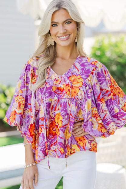 Clear As Day Magenta Purple Floral Blouse